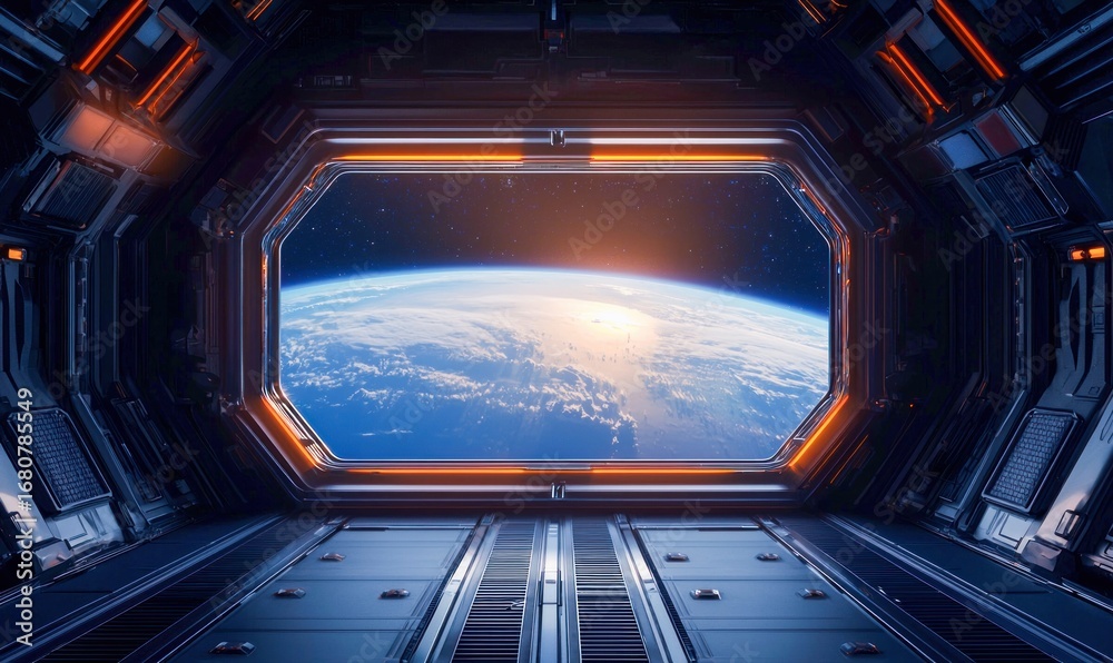 Obraz premium A stunning view of Earth from the window of a spacecraft, showcasing the beauty of our planet from orbit.