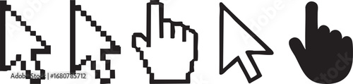Computer mouse cursors and hand icons on white background