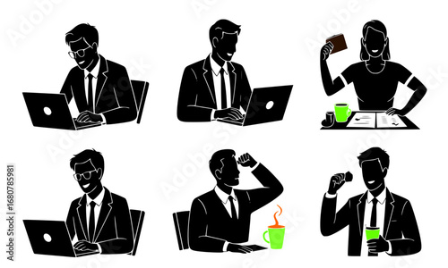 Startup hustle lifestyle 6 set vector illustration, silhouettes of hardworking entrepreneurs and founders, business motivation and entrepreneurship culture concept, scalable high resolution design.