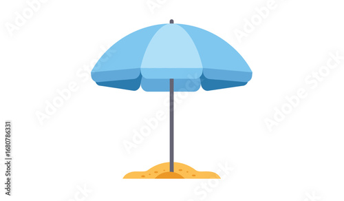 A bright blue beach umbrella stands firmly planted in a small mound of golden sand on a clear white background