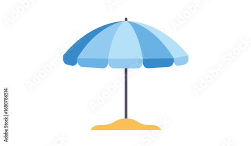 A vibrant blue striped beach umbrella with a sturdy yellow base providing shade on a sunny day at the seaside