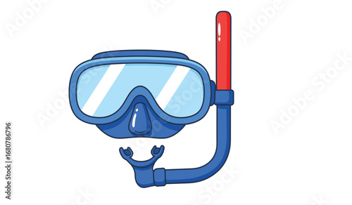 A vibrant blue diving mask with a red snorkel attached perfect for underwater exploration and summer beach activities