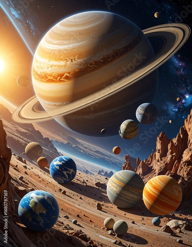 A vibrant depiction of planets in a vast, desert-like space landscape, showcasing various planetary colors and textures, with a dramatic celestial backdrop.