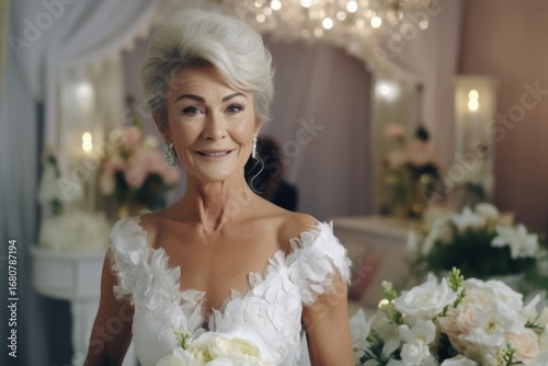 Portrait of an elderly beautiful happy woman bride