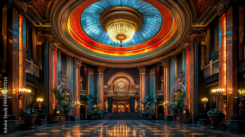 Obraz premium Ornate Gold and Marble Grand Hall with Elaborate Chandelier and Decorative Columns Rich Interior Architecture Design