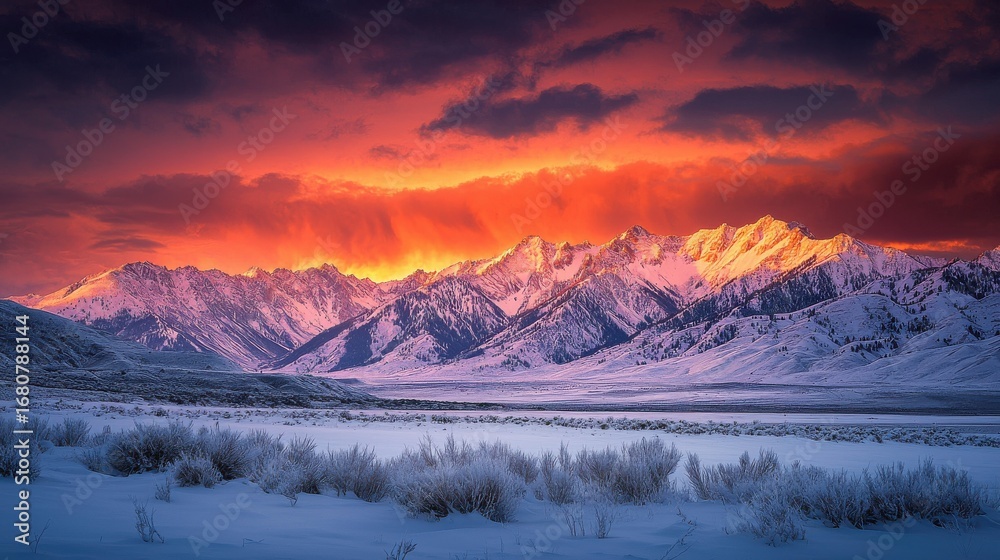 Obraz premium Winter Mountain Sunset with Glowing Horizon