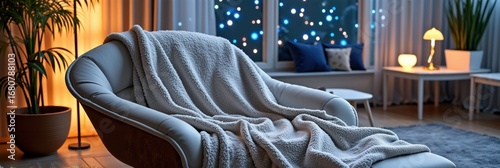Cozy living room with modern armchair and soft blanket by window with evening lights