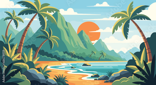 Flat illustration of a tropical beach with palm trees, ocean waves, and mountains at sunset, perfect for travel, vacation, summer holidays, tourism promotions, and exotic nature design themes