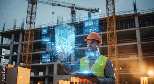Construction worker using augmented reality tablet to visualize building design at construction site.  Innovative construction management software allows visualization of building plans.