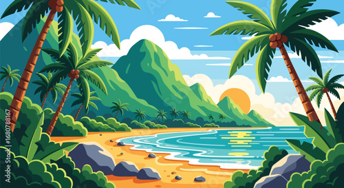 Flat illustration of a tropical beach with palm trees, ocean waves, and mountains at sunset, perfect for travel, vacation, summer holidays, tourism promotions, and exotic nature design themes
