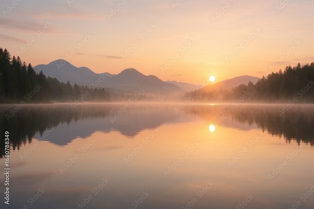 Fototapeta premium Sunrise over Serene Lake: The sun ascends over a tranquil lake, its gentle light casting a golden glow across the calm water and distant mountains, with fog, creating a peaceful natural vista. 
