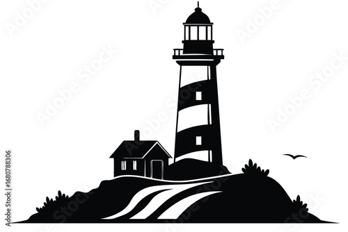 Stripped Lighthouse with a Small House on a Hill, Marine Bird, Isolated on White