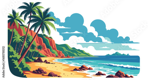 Flat illustration of a tropical beach with palm trees, ocean waves, and mountains at sunset, perfect for travel, vacation, summer holidays, tourism promotions, and exotic nature design themes