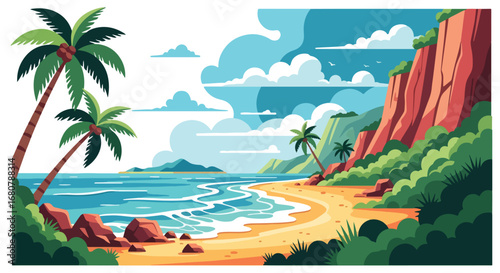 Flat illustration of a tropical beach with palm trees, ocean waves, and mountains at sunset, perfect for travel, vacation, summer holidays, tourism promotions, and exotic nature design themes