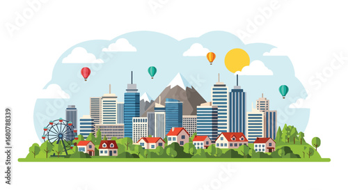 Flat illustration of a modern city skyline with suburban houses, mountains, trees, and hot air balloons, ideal for travel, lifestyle, real estate, urban development, and tourism design themes