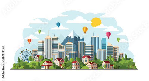 Flat illustration of a modern city skyline with suburban houses, mountains, trees, and hot air balloons, ideal for travel, lifestyle, real estate, urban development, and tourism design themes