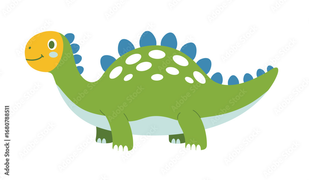 Obraz premium Adorable cartoon green stegosaurus dinosaur with blue plates and yellow face smiling happily isolated on white background perfect for children s books and educational materials