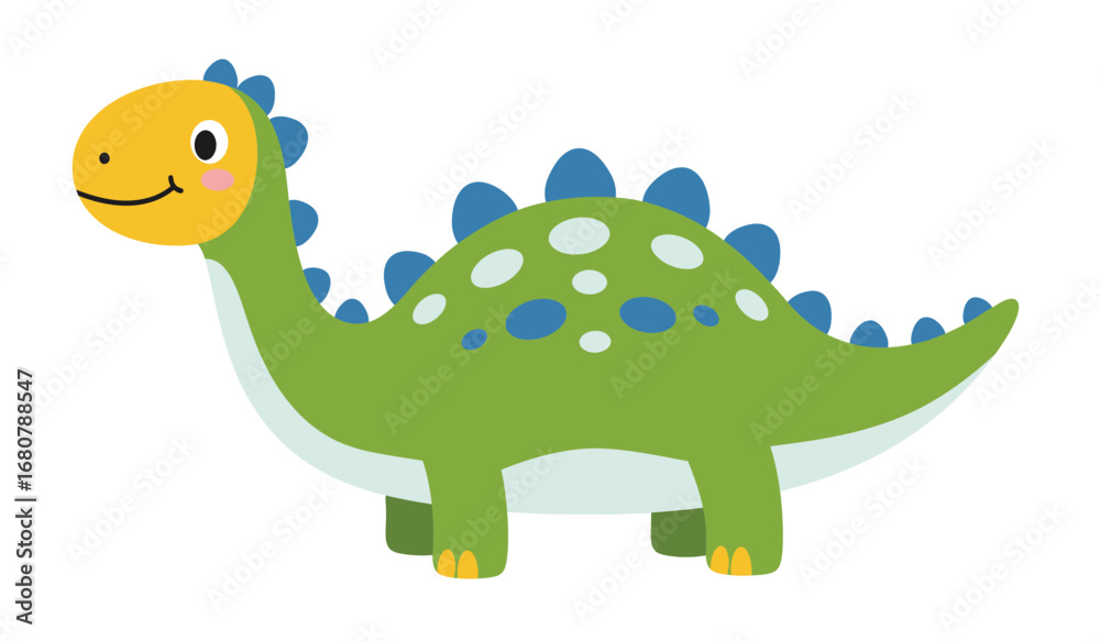 Naklejka premium Adorable and friendly green cartoon dinosaur with yellow head and blue spotted back perfect for children s books and educational materials