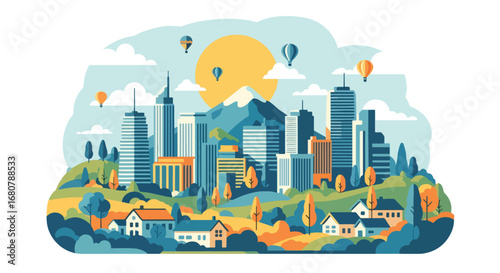 Flat illustration of a modern city skyline with suburban houses, mountains, trees, and hot air balloons, ideal for travel, lifestyle, real estate, urban development, and tourism design themes