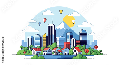 Flat illustration of a modern city skyline with suburban houses, mountains, trees, and hot air balloons, ideal for travel, lifestyle, real estate, urban development, and tourism design themes