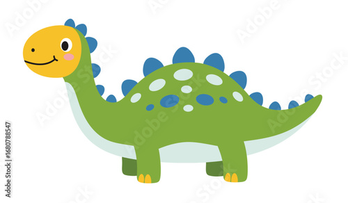 Adorable and friendly green cartoon dinosaur with yellow head and blue spotted back perfect for children s books and educational materials