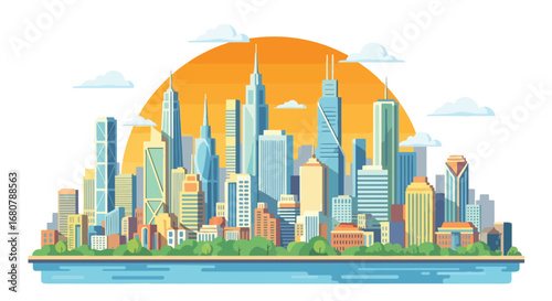 Flat illustration of a modern city skyline with tall skyscrapers, waterfront, and sunset background, ideal for business, real estate, travel, urban lifestyle, and metropolitan design themes