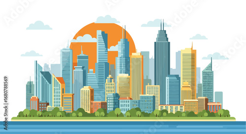 Flat illustration of a modern city skyline with tall skyscrapers, waterfront, and sunset background, ideal for business, real estate, travel, urban lifestyle, and metropolitan design themes