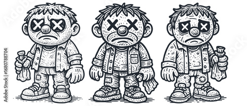 A set of sad, sick, or defeated cartoon characters with X-eyes. Monochrome vector illustration in a hand-drawn, graphic comic or street art style.