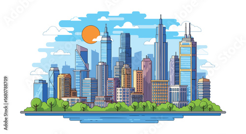 Flat illustration of a modern city skyline with tall skyscrapers, waterfront, and sunset background, ideal for business, real estate, travel, urban lifestyle, and metropolitan design themes