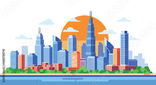 Flat illustration of a modern city skyline with tall skyscrapers, waterfront, and sunset background, ideal for business, real estate, travel, urban lifestyle, and metropolitan design themes
