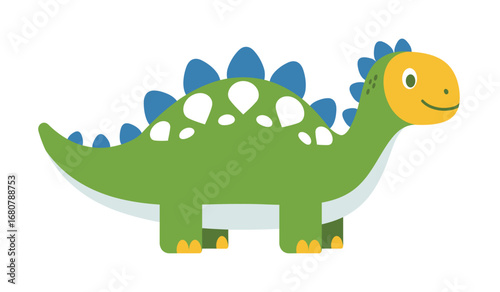 Adorable cartoon stegosaurus dinosaur with green body blue plates and yellow face smiling on a white background