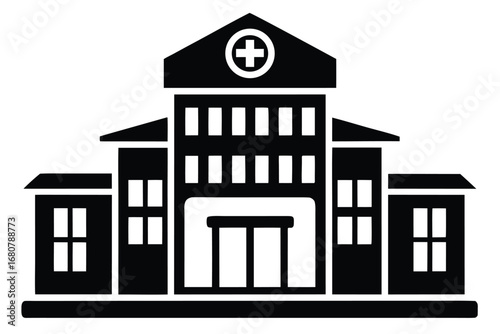 Hospital Building Icon Silhouette with White Cross Symbol on White Background
