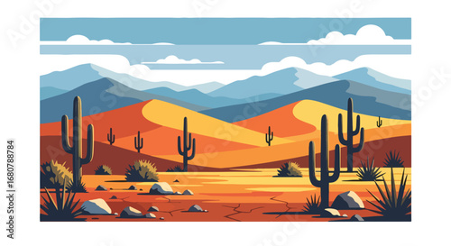 Flat illustration of a desert landscape with tall cacti, dry cracked ground, rocky hills, and distant mountains under a blue sky, perfect for travel, nature, and adventure design themes