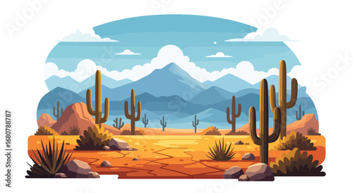 Flat illustration of a desert landscape with tall cacti, dry cracked ground, rocky hills, and distant mountains under a blue sky, perfect for travel, nature, and adventure design themes