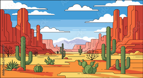 Flat illustration of a desert landscape with tall cacti, dry cracked ground, rocky hills, and distant mountains under a blue sky, perfect for travel, nature, and adventure design themes