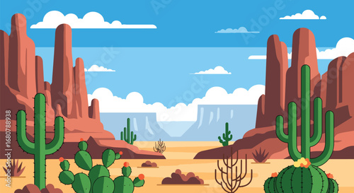 Flat illustration of a desert landscape with tall cacti, dry cracked ground, rocky hills, and distant mountains under a blue sky, perfect for travel, nature, and adventure design themes