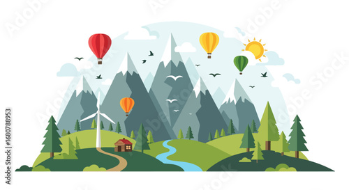 Flat illustration of a mountain landscape with a cabin, river, pine trees, and wind turbines under the sun, perfect for eco-tourism, renewable energy, travel, and sustainable lifestyle designs