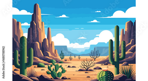 Flat illustration of a desert landscape with tall cacti, dry cracked ground, rocky hills, and distant mountains under a blue sky, perfect for travel, nature, and adventure design themes