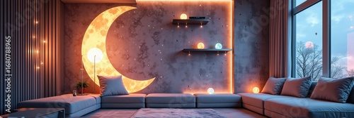 Modern living room with moon-shaped light and cozy sofa arrangement