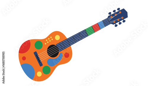 A vibrant and playful acoustic guitar adorned with colorful polka dots and rainbow frets perfect for music education and creative inspiration