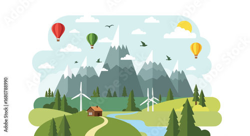 Flat illustration of a mountain landscape with a cabin, river, pine trees, and wind turbines under the sun, perfect for eco-tourism, renewable energy, travel, and sustainable lifestyle designs