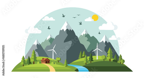 Flat illustration of a mountain landscape with a cabin, river, pine trees, and wind turbines under the sun, perfect for eco-tourism, renewable energy, travel, and sustainable lifestyle designs