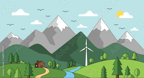 Flat illustration of a mountain landscape with a cabin, river, pine trees, and wind turbines under the sun, perfect for eco-tourism, renewable energy, travel, and sustainable lifestyle designs
