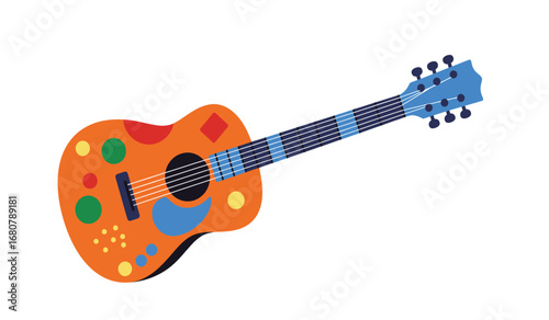 Vibrant and colorful acoustic guitar adorned with playful geometric shapes and patterns isolated on a clean white background perfect for music themes