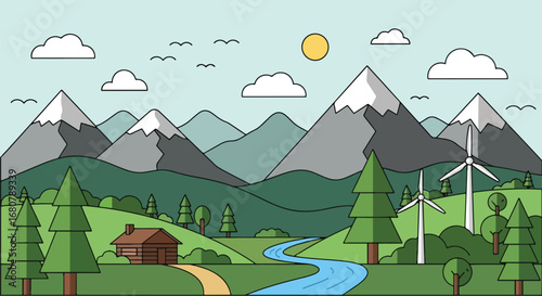 Flat illustration of a mountain landscape with a cabin, river, pine trees, and wind turbines under the sun, perfect for eco-tourism, renewable energy, travel, and sustainable lifestyle designs