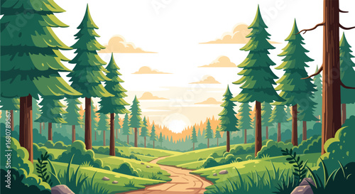 Flat illustration of a winding forest trail through pine trees at sunset with mountains in the background, perfect for travel, outdoor adventure, camping, hiking, and nature-themed designs