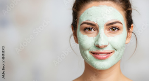 Face mask woman with green facial mask for skincare treatment in beauty salon. Face mask woman shows treatment for healthy skin. Face mask woman shows self care routine for rejuvenation.