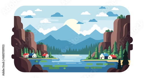 Flat illustration of lakeside houses surrounded by pine trees, rocky cliffs, and mountains at sunset, ideal for travel, eco-tourism, outdoor adventure, and scenic landscape design projects