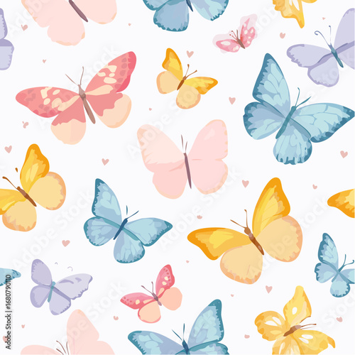 Beautiful seamless pattern with cute watercolor butterflies. Stock illustration.