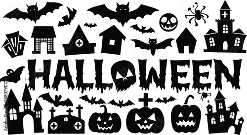 Halloween Silhouette Collage with Cat Illustration in Dense Themed Design